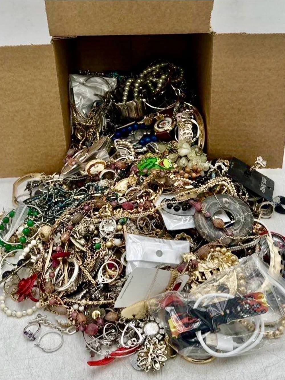 2 LB Curated Jewelry Lot Gold Silver Tone Vintage Modern Bulk Reseller Mix